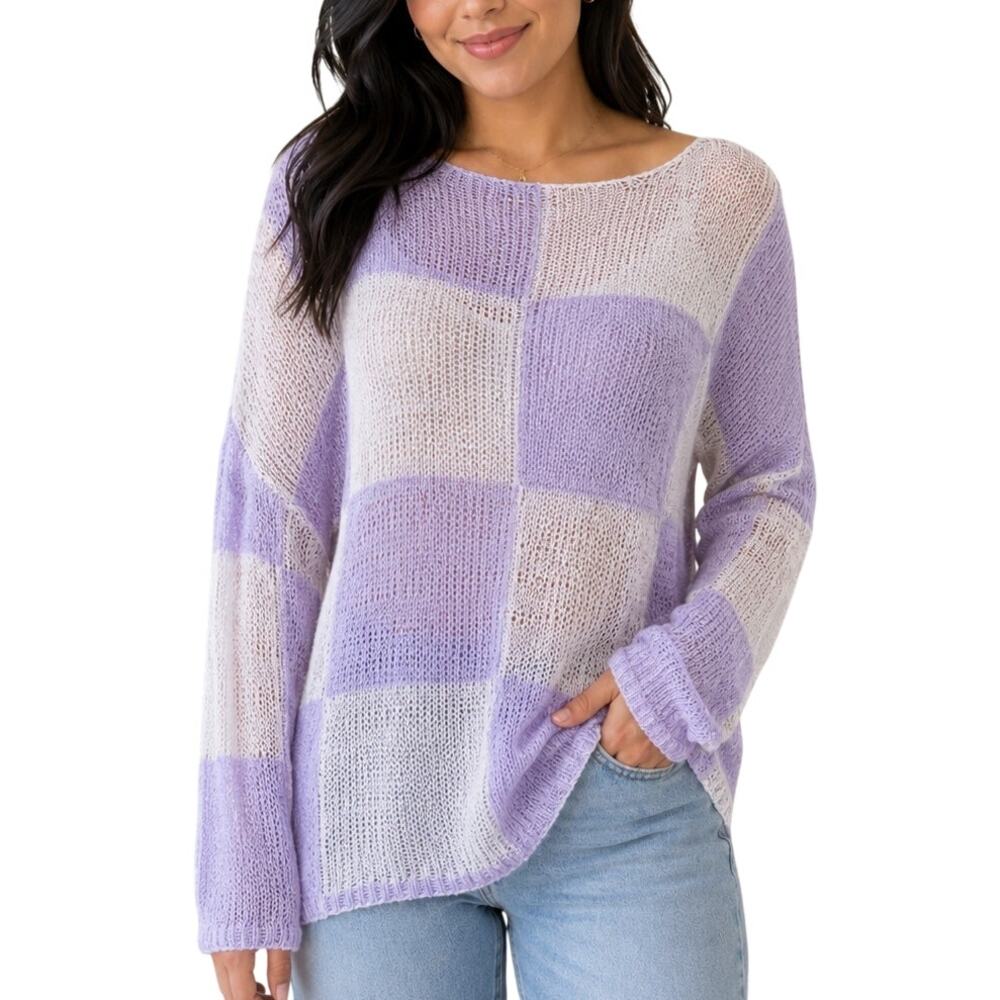 Pink Lily Lavender Checkerboard Knit Sweater Womens M Oversized Pastel